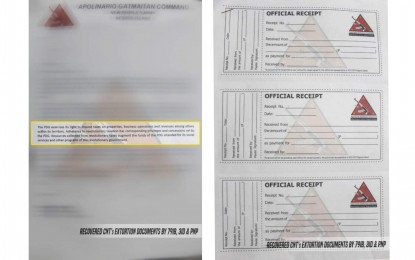 <p><strong>EXTORTION</strong>. Copies of the extortion letters and official receipts of the New People’s Army’s (NPA) Apolinario Gatmaitan Command in Negros Island that were recovered by government troops after an encounter with communist terrorists in Barangay San Pablo, Manapla, Negros Occidental on Thursday (Sept. 30, 2021). The four rebels who died in the clash were the “brains” of the NPA extortion activities in northern Negros, a Philippine Army official said. (<em>Photos courtesy of 303<sup>rd</sup> Infantry Brigade, Philippine Army</em>) </p>