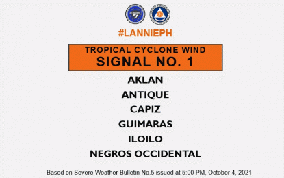 <p><strong>BRACE FOR ‘LANNIE’.</strong> Western Visayas remains under Tropical Cyclone Wind Signal (TCWS) 1 as of 5 p.m. Monday (Oct. 4, 2021) forecast of the state weather bureau. Local government units have been alerted for the possible impact of Tropical Depression Lannie, according to the Western Visayas Regional Disaster Risk Reduction and Management Council. <em>(Photo courtesy of OCD 6)</em></p>