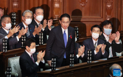 <p><strong>NEW PRIME MINISTER</strong>. Fumio Kishida, leader of Japan's ruling Liberal Democratic Party (LDP), stands during a special Diet session in Tokyo, Japan on Monday (Oct. 4, 2021). Fumio Kishida was elected on Monday as the country's new prime minister to succeed Yoshihide Suga.<em> (Xinhua/Du Xiaoyi)</em></p>