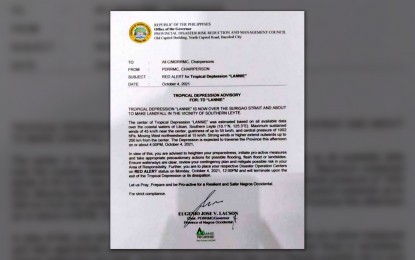 <p><strong>RED ALERT.</strong> The memorandum issued by Governor Eugenio Jose Lacson on Monday (Oct. 4, 2021) directing disaster operations centers across Negros Occidental to go on red alert to prepare for the possible onslaught of tropical depression Lannie. As of 2 p.m., Tropical Cyclone Wind Signal No. 1 was still hoisted over the province. <em>(Image courtesy of Negros Occidental Command Center)</em></p>