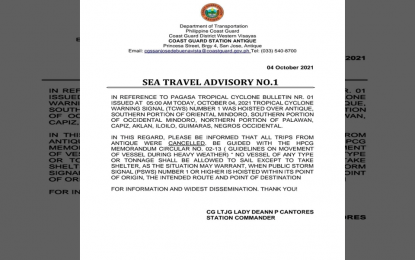 <p><strong>TRIPS CANCELED.</strong> The Philippine Coast Guard Station (CGS) Antique has cancelled trips of sea vessels from Semirara Island in Caluya to Mindoro as Tropical Cyclone Wind Signal No. 1 was raised over the province. Deputy Station Commander Felixberto Salibio, during a virtual press conference Monday (Oct. 4, 2021), advised fishermen to seek shelter so they will not get stranded at sea. <em>(Photo courtesy of CGS Antique)</em></p>