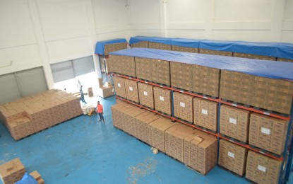 <p><strong>FOOD AID.</strong> Family food packs in boxes stored at the Department of Social Welfare and Development warehouse in Palo, Leyte. The DSWD is preparing 9,537 family food packs for those badly affected by Tropical Depression Lannie in Eastern Visayas. <em>(Photo courtesy of DSWD)</em></p>
