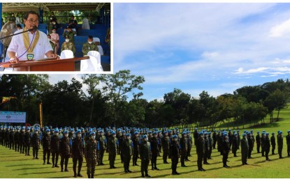 <p><strong>NEW PEACEKEEPERS.</strong> Photo shows the third batch of the 161-strong Joint Peace and Security Team (JPST) who just completed their three-month training inside Camp SK Pendatun in Parang, Maguindanao on Tuesday (Oct. 5, 2021). BARMM Education Minister Mohagher Iqbal (inset), also former chief peace negotiator of the Moro Islamic Liberation Front (MILF), was the guest of honor and speaker at the graduation rites. <em>(Photo courtesy of PRO-BARMM)</em></p>