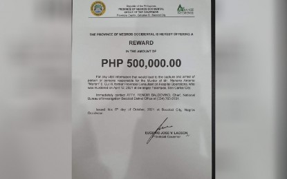 <p><strong>BOUNTY</strong>. The notice of reward issued by Negros Occidental Governor Eugenio Jose Lacson on Wednesday (Oct. 6, 2021), offering PHP500,000 to anyone who can provide vital information that would lead to the arrest of the person or persons behind the murder of provincial consultant for hospital operations Mariano Antonio Cui III. Cui was gunned down on the evening of April 12, 2021 in his hometown of San Carlos City. <em>(Image from San Carlos City, NegOcc-LGU Information Page)</em></p>