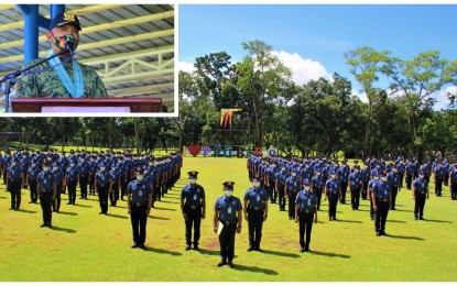<p><strong>READY FOR DEPLOYMENT.</strong> The batch of 196 new non-commissioned police officers is ready to perform election peacekeeping duties across the BARMM after completing their six-month on-the-job training in the field. Brig. Gen. Eden Ugale (inset), Police Regional Office - BARMM director, said the batch is set for deployment to Maguindanao, Lanao del Sur, Sulu, Basilan, and Tawi-Tawi for pre-election duties for the 2022 national and local polls. <em>(Photo courtesy of PRO-BARMM)</em></p>
<p> </p>