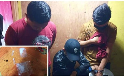<p><strong>BUSTED.</strong> The three arrested suspects wait while police account for the illegal shabu stuff seized from them in Marawi City on Thursday (October 7) night. Recovered from the suspects (inset) were nine grams of shabu with an estimated street value of some PHP60,000. <em>(Photo courtesy of Marawi CPO)</em></p>