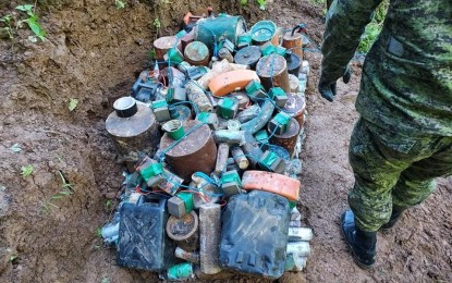 <p><strong>DISPOSED</strong>. A total of 77 assorted improvised explosive devices purposely made as anti-personnel landmines (APMs) seized from communist terrorist groups were safely detonated in Barangay Tignapoloan, Cagayan de Oro City on Oct. 1. Maj. Gen. Romeo S. Brawner, Jr., 4ID commander, said the recent disposal of the APMs was made to ensure that they will not be used anymore since it is strictly prohibited and a clear violation of the International Humanitarian Law and the Ottawa Treaty. (<em>4ID photo</em>)</p>