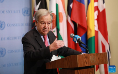 <p><strong>LIQUIDITY.</strong> United Nations Secretary-General Antonio Guterres speaks to reporters at the UN headquarters in New York on Oct. 11, 2021. Guterres called for the injection of liquidity to keep the Afghan economy afloat. <em>(Xinhua/Xie E)</em></p>