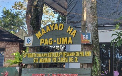 <p><strong>PEACEKEEPERS.</strong> Photo shows the welcome marker of the Army's 58th Infantry Battalion in Claveria, Misamis Oriental. On Wednesday, a soldier was killed in an encounter against communist New People’s Army guerillas in the hinterland village of San Juan, Gingoog City in the same province. <em>(PNA photo by Nef Luczon)</em></p>