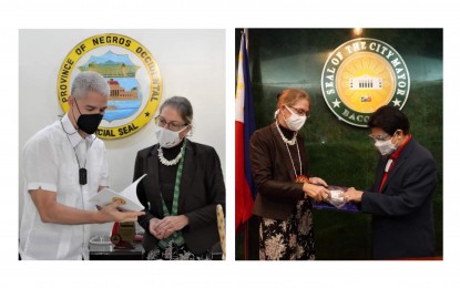 <p><strong>ENVOY’S VISIT</strong>. German Ambassador Anke Reiffenstuel meets with Negros Occidental Governor Eugenio Jose Lacson (left) at the Provincial Capitol and with Bacolod City Mayor Evelio Leonardia at the Government Center during her visit on Wednesday (Oct. 13, 2021). The envoy discussed with the two officials further collaborations in various areas between the Philippines and Germany. <em>(Photos courtesy of Negros Occidental, Bacolod City information offices)</em></p>