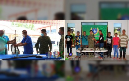 <p><strong>SURRENDER.</strong> (Left photo) Kalamansig Mayor Rolando Garcia (in blue shirt) receives a rifle from one of the six New People's Army rebels who voluntarily surrendered with their firearms during ceremonies held at the municipal government center of Kalamansig, Sultan Kudarat on Sunday (Oct. 17). (Right photo) Army Lt. Colonel Rommel Valencia (center), commander of the Army’s 7th Infantry Battalion, welcomes the seven former communist rebels who also yielded Sunday in Isulan, also in Sultan Kudarat. <em>(Photos courtesy of 6ID)</em></p>