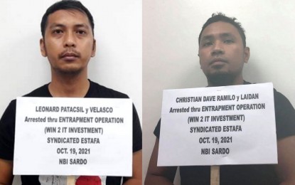 <p><strong>SCAM.</strong> Photo shows mug shots of alleged “investment scam” agents Leonard Patacsil (left) and Christian Dave Ramilo (right) who were arrested by National Bureau of Investigation agents in an entrapment operation in General Santos City on Tuesday afternoon (Oct. 19, 2021). The two reportedly solicited investments from residents for a Koronadal City-based company. <em>(Photo courtesy of the NBI-Sarangani District Office)</em></p>