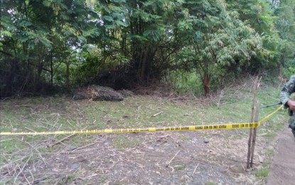 <p><strong>ENCOUNTER SITE.</strong> Policemen cordon off the area where two anti-personnel mines were detonated by insurgents in an encounter in Barangay Jolason, Tubungan, Iloilo on Sunday afternoon (Oct. 24, 2021). The incident wounded two members of the 1st Iloilo Provincial Mobile Force Command. <em>(Photo courtesy of Tubungan MPS)</em></p>
