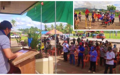 <p><strong>RIGHT DECISION.</strong> Some of the 29 former NPA rebels who surrendered to the local government of Libungan, North Cotabato, are presented to the military during surrender rites Sunday (Oct. 24, 2021) at the town gymnasium. The surrenderers (inset) also set ablaze the New People's Army flag and other symbols during their surrender. <em>(Photos from Libungan LGU)</em></p>
