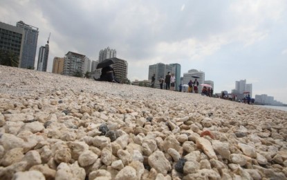<p><strong>ATTRACTION.</strong> The dolomite beach, as seen in this photo taken Tuesday (Oct. 26, 2021), is part of the Manila Bay Rehabilitation Program and shapes public mindset on proper solid waste management. The Department of Environment and Natural Resources says dolomite is a known neutralizer that lessens the acidity of seawater, the reason it is used in aquariums. <em>(PNA photo by Avito C. Dalan)</em></p>
