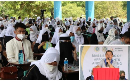 <p><strong>READY TO SERVE.</strong> Newly-hired teachers for Lanao del Sur listen to Bangsamoro Autonomous Region in Muslim Mindanao (BARMM) Education Minister Mohagher Iqbal (inset) as he urged them to instill moral governance in their teachings during ceremonies in Maguindanao on Tuesday (Oct. 26, 2021). A total of 203 new teachers took their oath for their assignments in the Schools' Divisions 1 and 2 of Lanao del Sur.<em> (Photo courtesy of MBHTE-BARMM)</em></p>