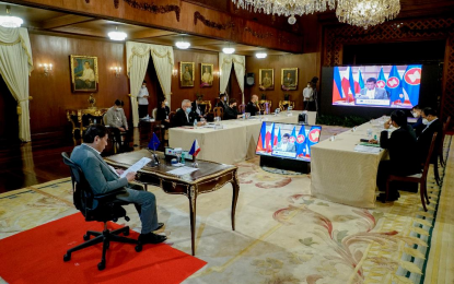 <p><strong>VIRTUAL SUMMITS.</strong> President Rodrigo Roa Duterte delivers his remarks during the plenary session of the virtual 38th and 39th Association of Southeast Asian Nations (Asean) Summits and Related Summits hosted by Brunei Darussalam at the Malacañang Palace on Oct. 26, 2021. Duterte has enjoined his fellow Southeast Asian leaders to hasten the procurement of additional vaccines and attend to the needs of the vulnerable groups amid the Covid-19 pandemic. <em>(Presidential photo by Arman Baylon)</em></p>
