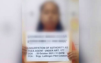 <p><strong>NABBED.</strong> Photo shows a mugshot of Meah Clar Sisiban who misrepresented herself as a Philippine Drug Enforcement Agency agent in Pikit, North Cotabato on Tuesday (Oct. 26, 2021). The PDEA in North Cotabato has denied any connection with the suspect. <em>(Photo courtesy of Pikit MPS)</em></p>