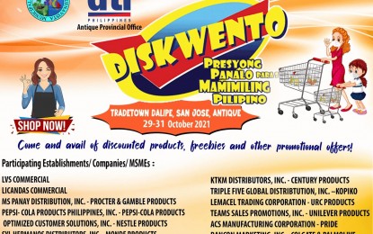 <p><strong>DISKWENTO PROMO</strong>. The Department of Trade and Industry (DTI) Antique Provincial Office in partnership with the San Jose de Buenavista local government makes available the ‘Diskwento Promo’ for Antique consumers Oct. 29-31, 2021 at the Dalipe Tradetown. DTI specialist Glen Fernando said there are 14 exhibitors in the three-day activity.<em> (Photo courtesy of DTI Antique)</em></p>