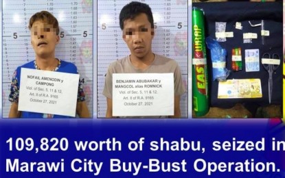 <p><strong>BUSTED.</strong> Two suspected drug peddlers are now detained at the Marawi City police detention facility after being caught with PHP109,820 worth of shabu during a buy-bust on Thursday (Oct. 28, 2021). The suspects were charged with the violation of Republic Act 9165 or the Comprehensive Dangerous Drugs Act of 2002.<em> (Photo courtesy of PRO-BARMM)</em></p>