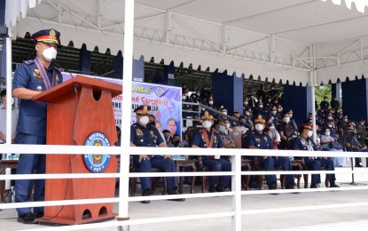<p><strong>NEW PRO-3 CHIEF.</strong> Brig. General Matthew Baccay delivers his message during the change of command held on Monday (Nov. 1, 2021)  at the PRO-3 Grandstand, Camp Olivas, City of San Fernando, Pampanga. Baccay assumed as the new PRO-3 regional director, replacing Brig. General Valeriano de Leon. <em>(Photo by PRO-3)</em></p>