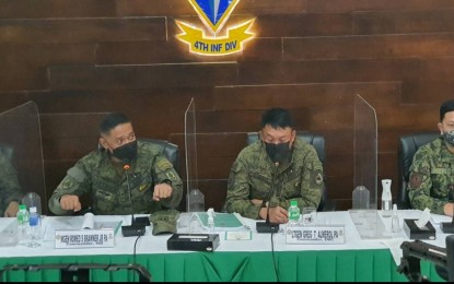 <p><strong>DEBUNKED.</strong> Maj. Gen Romeo Brawner Jr. (2nd from left), the Army’s 4th Infantry Division commander, debunks allegations that New People’s Army spokesperson Jorge Madlos was unarmed and ambushed while in transit on a motorcycle on Saturday (Oct. 30). Brawner said the Armed Forces of the Philippines respects and follows the International Humanitarian Law and will not resort to tactics used by communist armed groups. <em>(PNA Photo by Nef Luczon)</em></p>