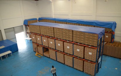 <p><strong>PREPOSITIONED</strong>. Boxes of food packs are stored at the Department of Social Welfare and Development (DSWD) regional resource operations section warehouse in Palo, Leyte. The DSWD on Tuesday (Nov. 2, 2021) said it has prepositioned 10,444 family food packs in Eastern Visayas for faster response, especially during typhoon season. <em>(Photo courtesy of DSWD)</em></p>