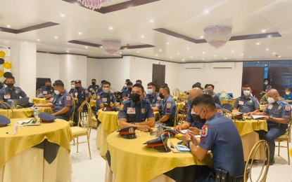 <p><strong>TOURIST COPS</strong>. Policemen in Northern Samar attending a Tourist-oriented Police for Community Order and Protection training in Catarman town in this Nov. 4, 2021 photo. The training is to raise the capability of policemen to safeguard tourists in preparation for the reopening of tourism destinations after year-long closure.<em> (Photo courtesy of Northern Samar provincial government)</em></p>