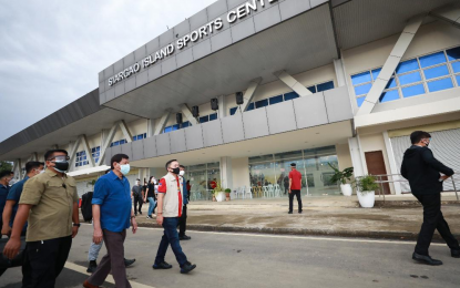 <p><strong>SPORTS & TOURISM COMPLEX.</strong> President Rodrigo Roa Duterte, accompanied by Senator Christopher Lawrence Go, conducts a brief inspection of the facilities of the Siargao Island Sports and Tourism Complex (SISTC) before the inauguration ceremony at Brgy. Osmeña, Dapa Siargao Island in Surigao del Norte on Nov. 6, 2021. Go said the SISTC will boost the tourism and economic recovery of the island. <em>(Presidential photo by Ace Morandante)</em></p>