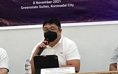 <p><strong>CRACKDOWN.</strong> Department of Trade and Industry Assistant Secretary for Consumer Protection Group Ronnel Abrenica answers questions in a press conference in Koronadal City on Monday (Nov. 8, 2021) in line with the launching of its week-long enforcement and monitoring activities against uncertified products in parts of Region 12 (Soccsksargen). The campaign, which will run until Friday, will cover three provinces and three cities in the region.<em> (PNA GenSan photo)</em></p>