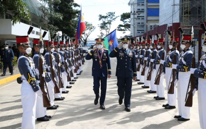 <p><strong>TRIBUTE.</strong> PNP chief Gen. Guillermo Eleazar is given arrival honors during the testimonial parade and review for him at the Philippine Military Academy (PMA) in Baguio City on Sunday (Nov. 7, 2021). Eleazar urged future police officers and soldiers to initiate reforms once they get to assume leadership of any organization, office or unit. <em>(Photo courtesy of PNP)</em></p>