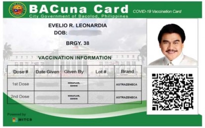 <p><strong>VAX CARD</strong>. A sample of the QR-coded Covid-19 BACuna card for fully-vaccinated individuals in Bacolod City. In a statement on Tuesday (Nov. 9, 2021), Mayor Evelio Leonardia said having a vaccination card will make travel more convenient for Bacolodnons.<em> (Image courtesy of Bacolod City PIO)</em></p>