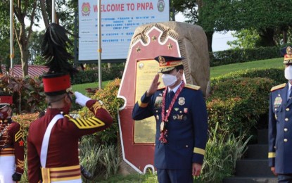 <p><strong>TRIBUTE.</strong> Outgoing PNP chief, Gen. Guillermo Eleazar salutes police cadets during the testimonial parade and review in his honor at the PNPA grounds in Silang, Cavite on Thursday (Nov. 11, 2021). In his speech, Eleazar urged police cadets to always give their best in everything that they do and not compromise their honor and dignity in serving and protecting the public. <em>(Photo courtesy of PNP)</em></p>