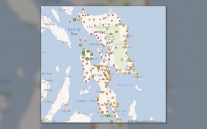 <p><strong>VACCINATION SITUATION</strong>. The map of Eastern Visayas shows the pace of vaccination against the coronavirus disease (Covid-19). Areas with green dots have higher vaccination coverage.<em> (Photo courtesy of Department of Health Eastern Visayas)</em></p>