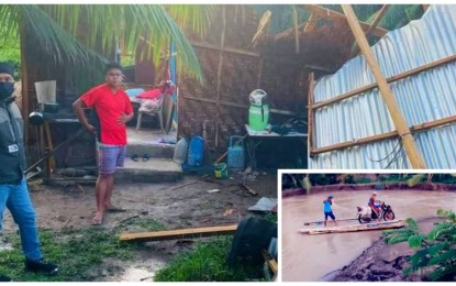 <p><strong>TWISTER AFTERMATH.</strong> Village officials inspect damaged homes in Barangay Manubuan in Matalam, North Cotabato which was hit by a tornado on Sunday (Nov. 14, 2021). Motorists (inset) also used bamboo poles tied together to cross a motorbike from the other side of the Lina Creek overflowed in the area. <em>(Photos courtesy of DXND Kidapawan)</em></p>