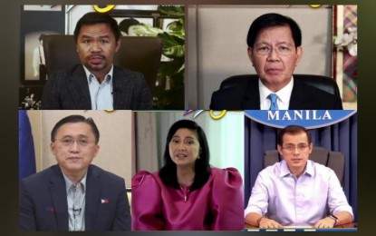 <p>From top to bottom, left to right: Senators Manny Pacquiao, Panfilo Lacson, Bong Go, Vice President Leni Robredo, and Manila Mayor Isko Moreno <em>(Screenshot from the virtual 47th Philippine Business Conference and Expo)</em></p>