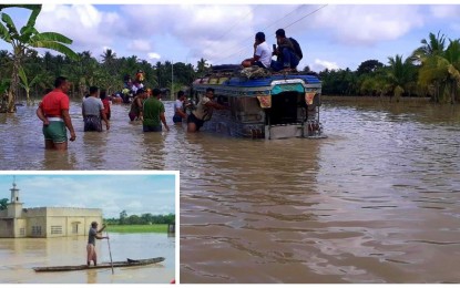 <p><strong>SUBMERGED.</strong> Locals try to help a passenger jeepney stuck in floodwaters in Barangay Talitay, Pikit, North Cotabato on Friday (Nov. 19). Meanwhile, in the same barangay, a villager (inset) attempts to cross a submerged pathway going to his house situated in the interiors.<em> (Photos courtesy Ben Salilama and Lao Atun of Pikit town)</em></p>