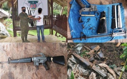 <p><strong>REBEL FIREARMS.</strong> Photo shows a collage of high-powered firearms from the New People's Army recovered on Nov. 27 and 28, 2021 in Agusan del Norte and North Cotabato provinces, respectively. The Army said the recent firearms recoveries in Eastern Mindanao were part of the series of operations launched by Eastern Mindanao Command units after getting crucial information from former NPA members and leaders who have surrendered. <em>(Photo from Eastmincom)</em></p>
<p><em> </em></p>