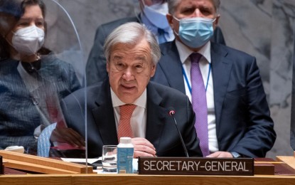 <p>UN Secretary-General Antonio Guterres (front) briefs the Security Council in an open debate on exclusion, inequality and conflict at UN headquarters in New York on Nov. 9, 2021. <em>(Eskinder Debebe/UN Photo/Handout via Xinhua)</em></p>