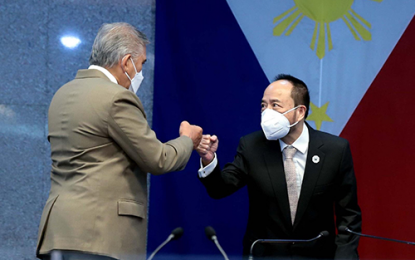 <p><strong>CONFIRMED</strong>. Senate President and Commission on Appointments (CA) Chairperson Vicente C. Sotto III greets Rey Echavarria Bulay with a fist bump after the CA confirms his appointment as commissioner of the Commission on Elections (Comelec) on Wednesday (Dec. 1, 2021). Bulay will serve as Comelec commissioner until Feb. 2, 2027. <em>(Albert Calvelo/Senate PRIB)</em></p>