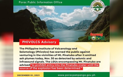 <p><strong>WEAK ERUPTION.</strong> The municipality of Porac in Pampanga issues on Wednesday (Dec. 1, 2021) an order that prohibits all outdoor activities in the vicinity of Mt. Pinatubo. This, after the Pinatubo Volcano Network recorded seismic and infrasound signals of a weak explosion in the afternoon of Tuesday. <em>(Infographic by Porac Information Office)</em></p>