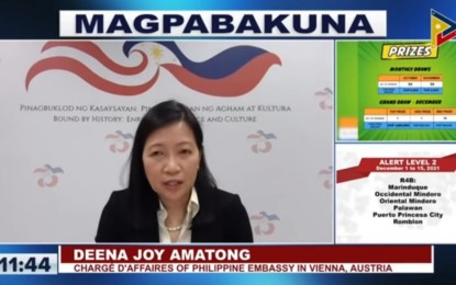 <p>Philippine Embassy in Vienna Chargé d'Affaires Deena Joy Amatong <em>(Screengrab from Laging Handa briefing)</em></p>