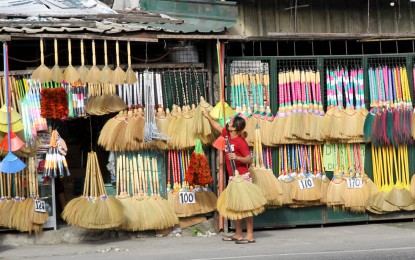 <p><strong>CLEANING TOOLS</strong>. Vendor Lance Sanchez sells soft brooms along the Quirino Highway in Barangay 185, Sampaguita, Camarin, Caloocan City in this file photo. The Forest Products Research and Development Institute is promoting the use of a special dryer to help broom manufacturers dry their tiger grass raw material during the rainy season. <em>(PNA photo by Ben Briones)</em></p>