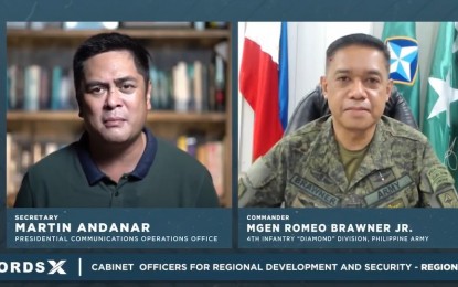 <p><strong>UPDATES.</strong> Presidential Communications Operations Office Secretary Martin Andanar (left) interviews Maj. Gen. Romeo Brawner Jr., commander of the 4th Infantry Division of the Philippine Army, during the CORDS X podcast on Saturday (Dec. 4, 2021). Brawner gave updates on the Regional Task Force to End Local Communist Armed Conflict and Support to Barangay Development Program in Northern Mindanao. <em>(CORDS X screenshot)</em></p>