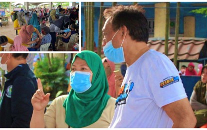<p><strong>DOUBLE-TIME.</strong> Bangsamoro Autonomous Region in Muslim Mindanao (BARMM) Health Minister Dr. Bashary Latiph (in white T-shirt) while in a vaccination center (inset) in Marawi City during the last day of the Bayanihan, Bakunahan activity on Dec. 1, 2021. The BARMM health official has vowed to work double-time to achieve population protection in the region. <em>(Photo courtesy of MOH-BARMM)</em></p>