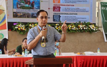 <p><strong>AID TO FARMERS.</strong> Agriculture Sec. William Dar leads the distribution of cash assistance and the release of farm equipment to farmers, fishermen, and different associations on Tuesday (Dec. 7) in Prosperidad, Agusan del Sur. A total of PHP159.6 million worth of assistance were released by the agency to help the farmers and fishermen in Caraga augment their production needs.<em> (Photo courtesy of DA-13)</em></p>