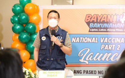 <p><strong>SHORTER INTERVAL</strong>. Secretary Francisco Duque III speaks during the NTF and IATF visit to a vaccination site in Subic, Zambales on Thursday (Dec. 16, 2021). Duque said the vaccine experts panel will officially recommend the shortening of administration interval between primary doses and booster shots. <em>(Photo courtesy of NTF against Covid-19)</em></p>