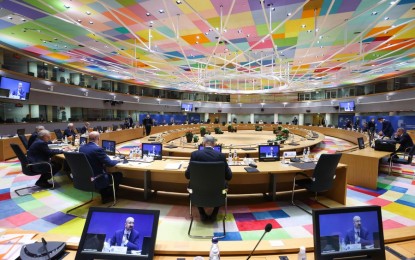 <p>EU leaders attend the EU summit in Brussels, Belgium on Dec. 16, 2021. <em>(European Union/handout via Xinhua)</em></p>