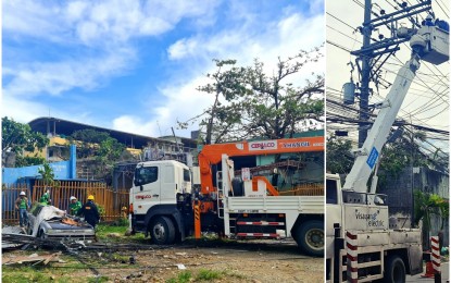 <p><strong>POWER, TELCO WOES</strong>. Reinforcement crew from the Cagayan Electric Power and Light Co. (left photo) clear debris while Visayan Electric Co. linemen (right photo) repair broken lines as a result of Typhoon Odette's onslaught. Regional Development Council 7 (Central Visayas) chair Kenneth Cobonpue said Wednesday (Dec. 22, 2021) the reactivation of power lines would eventually enable the full reactivation of telco services as lack of adequate power supply and fallen debris remain a hindrance in accessing cell sites. <em>(Photo courtesy of Visayan Electric Co.)</em></p>