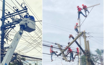 <p><strong>POWER LINES BACK.</strong> Linemen restore power lines damaged by Typhoon Odette on Dec. 16, 2021. RDC-7 chair Kenneth Cobonpue on Thursday (Dec. 23, 2021) said the power supply connection from Leyte to Cebu has been completed but the challenge lies in the restoration of damaged electric poles, lines, and equipment, in order to fully reenergize Cebu. <em>(Photos courtesy of VECO and Dennies Siongco)</em></p>
